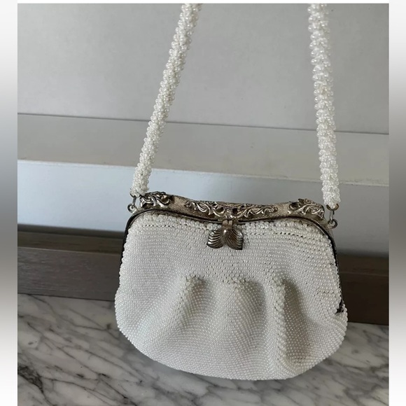 White Pearl Beaded Purse Evening Bag Clutch Silver Frame Clasp Vintage 50s 60s